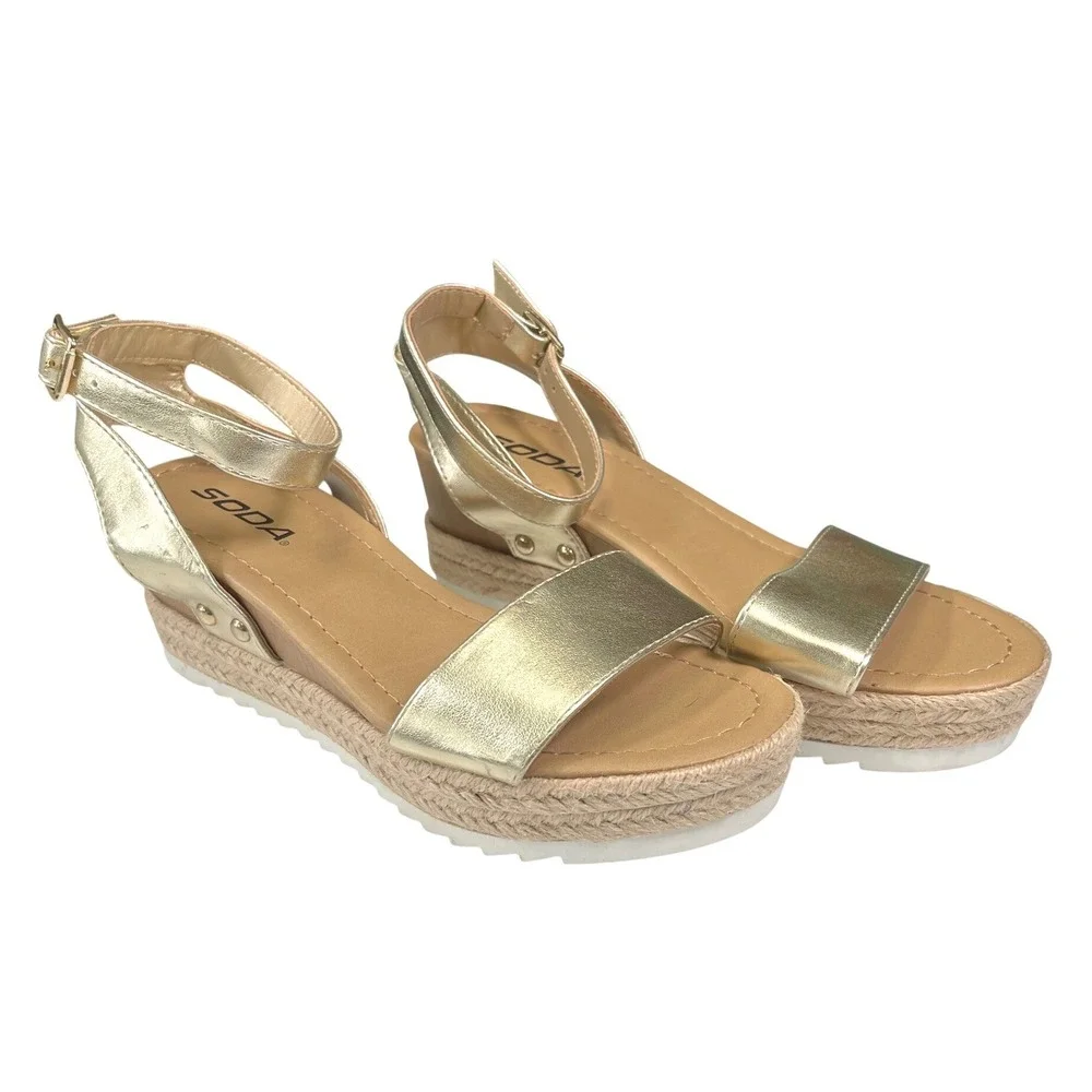 Soda 6 Gold Wedge Sandals Ankle Strap Espadrille Platform Boho Summer Glam